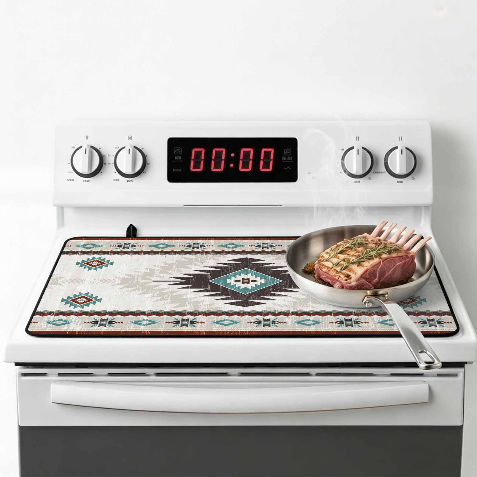 Turquoise Beige Boho Stove Top Cover for Electric Stove, Heat-proof & Non Slip Glass Top Stove Cover Protector, Vintage Ethnic Tribal Southwestern Kitchen Flat Cooktop Rubber Mat 36x21 Inches