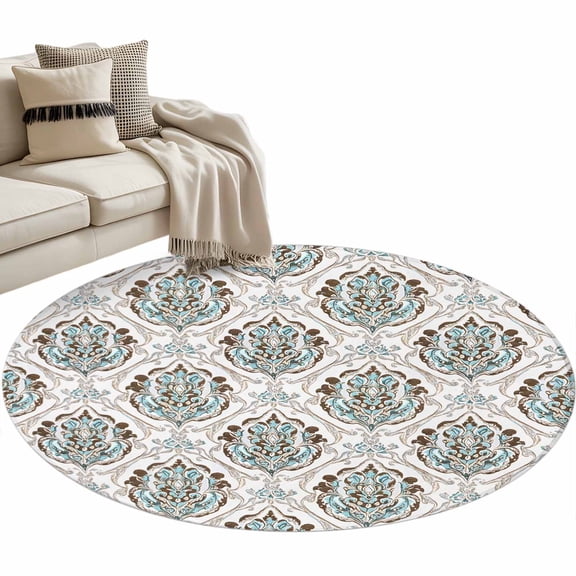 Turquoise Beige Flower Area Rug, Vintage Boho Floral Texture Washable Large Circle Carpet, Non Slip Round Rug for Living Room/Bedroom/Dining Room/Home Office/Dorm