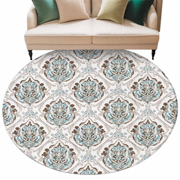Turquoise Beige Flower Area Rug, Vintage Boho Floral Texture Washable Large Circle Carpet, Non Slip Round Rug for Living Room/Bedroom/Dining Room/Home Office/Dorm