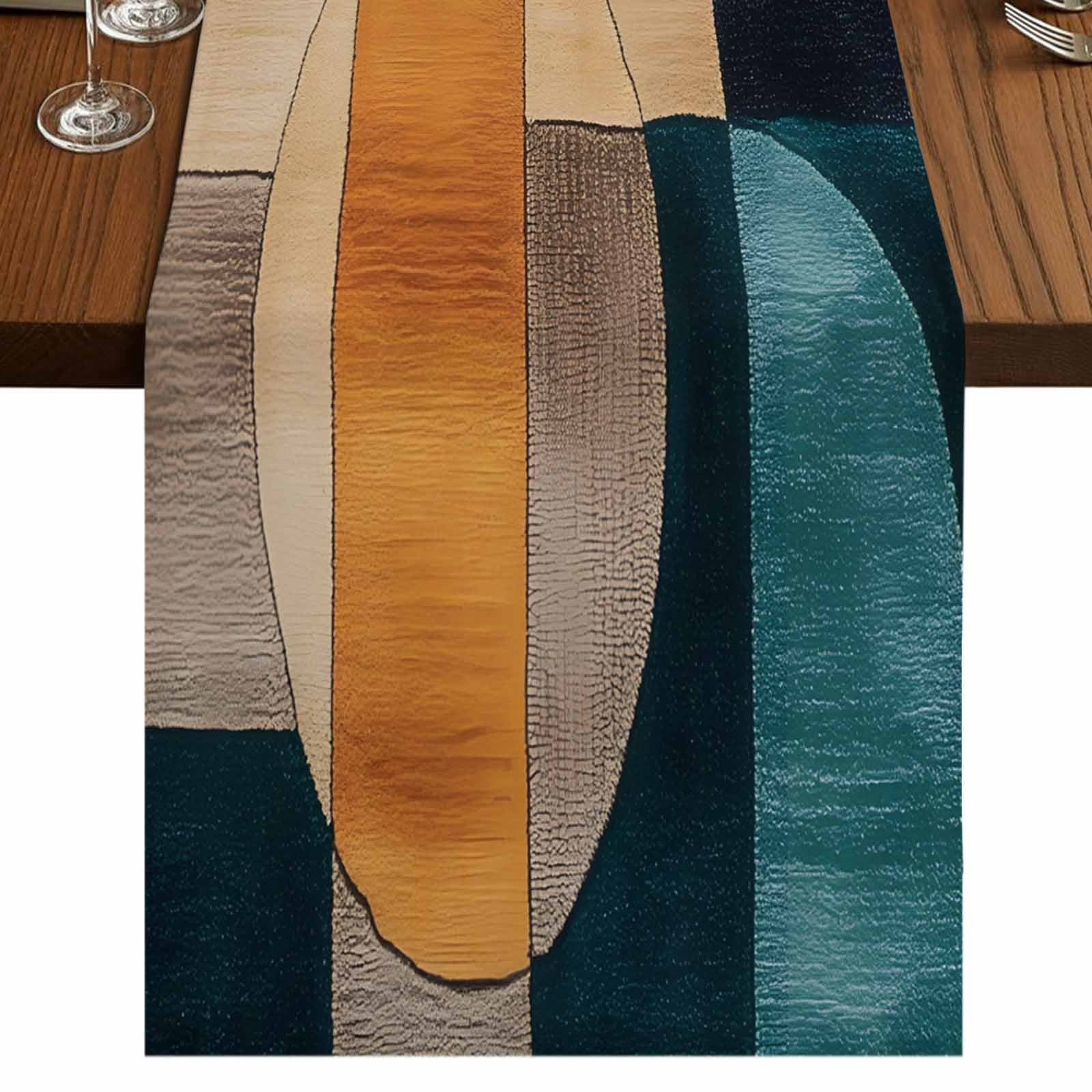 Turquoise Beige Geometric 36 Inch Table Runner, Abstract Art Painting ...