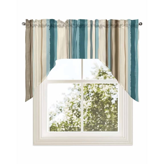 Turquoise Beige Kitchen Swag Valance for Window,Rod Pocket Short Kitchen Curtains&nbsp;36 Inch Length,Boho Vertical Stripes Bohemian Retro Swag Topper Small Window Treatment for Cafe Bathroom Bedroom