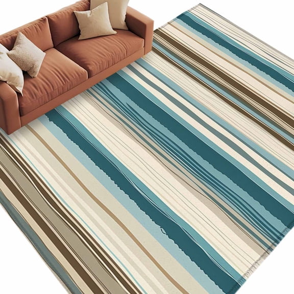 Turquoise Beige Large Area Rugs for Bedroom Living Room, Soft Non Slip Carpet Bedside Rug, Boho Vertical Stripes Bohemian Retro Rectangular Floor Cover Kitchen Accent Rug 6'x9' for Dining Room/Office