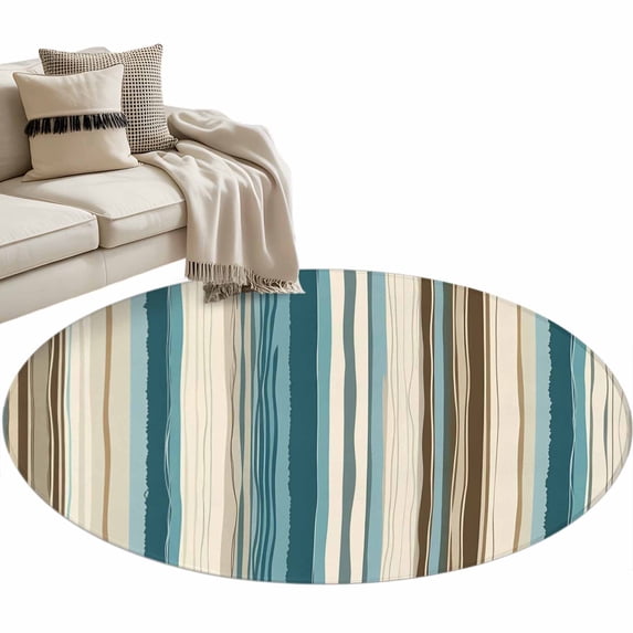 Turquoise Beige Large Area Rugs for Bedroom Living Room, Soft Non Slip Carpet Bedside Rug, Boho Vertical Stripes Bohemian Retro Round Floor Cover Kitchen Accent Rug 4' for Dining Room/Office