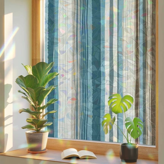 Turquoise Beige Privacy Window Film, Decorative Stained Glass Window Film, Boho Vertical Stripes Bohemian Retro Resuable Rainbow Static Cling for Home Bathroom Living Room Glass Door 23.6"x59"