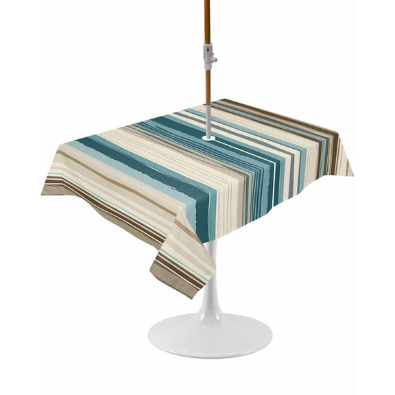 Turquoise Beige Rectangle Outdoor Tablecloth, Waterproof Table Cloth Cover with Umbrella Hole and Zipper, Boho Vertical Stripes Bohemian Retro Table Protector for Patio Party Picnic 52"x70"