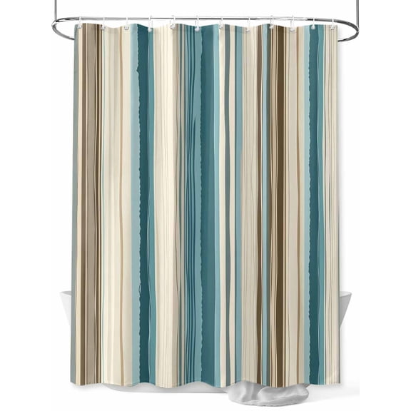 Turquoise Beige Standard Shower Curtain Set, Waterproof Shower Curtains for Bathroom, Boho Vertical Stripes Bohemian Retro Washable Fabric Cloth Bath Curtain for Bathtub with Hooks 72x72 Inches
