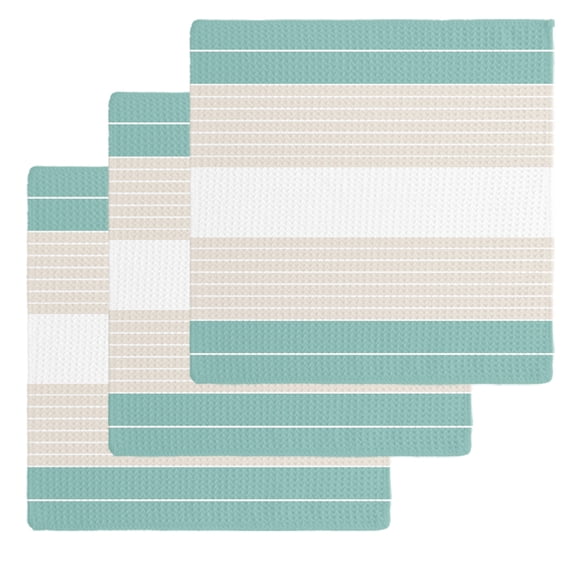 Turquoise Beige Stripe Kitchen Dish Towels for Drying Dishes Set of 3, Modern Art Horizontal Striped Waffle Weave Microfiber Hand Tea Bathroom Towels Quick Dry & Absorbent Towel 12x12