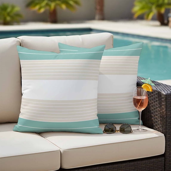 Turquoise Beige Stripe Outdoor Pillow Covers 18x18 Inch Throw Pillow Covers Set of 2 Waterproof Decorative Pillow Cases Modern Art Horizontal Striped Cushion Covers for Patio Furniture Garden Couch