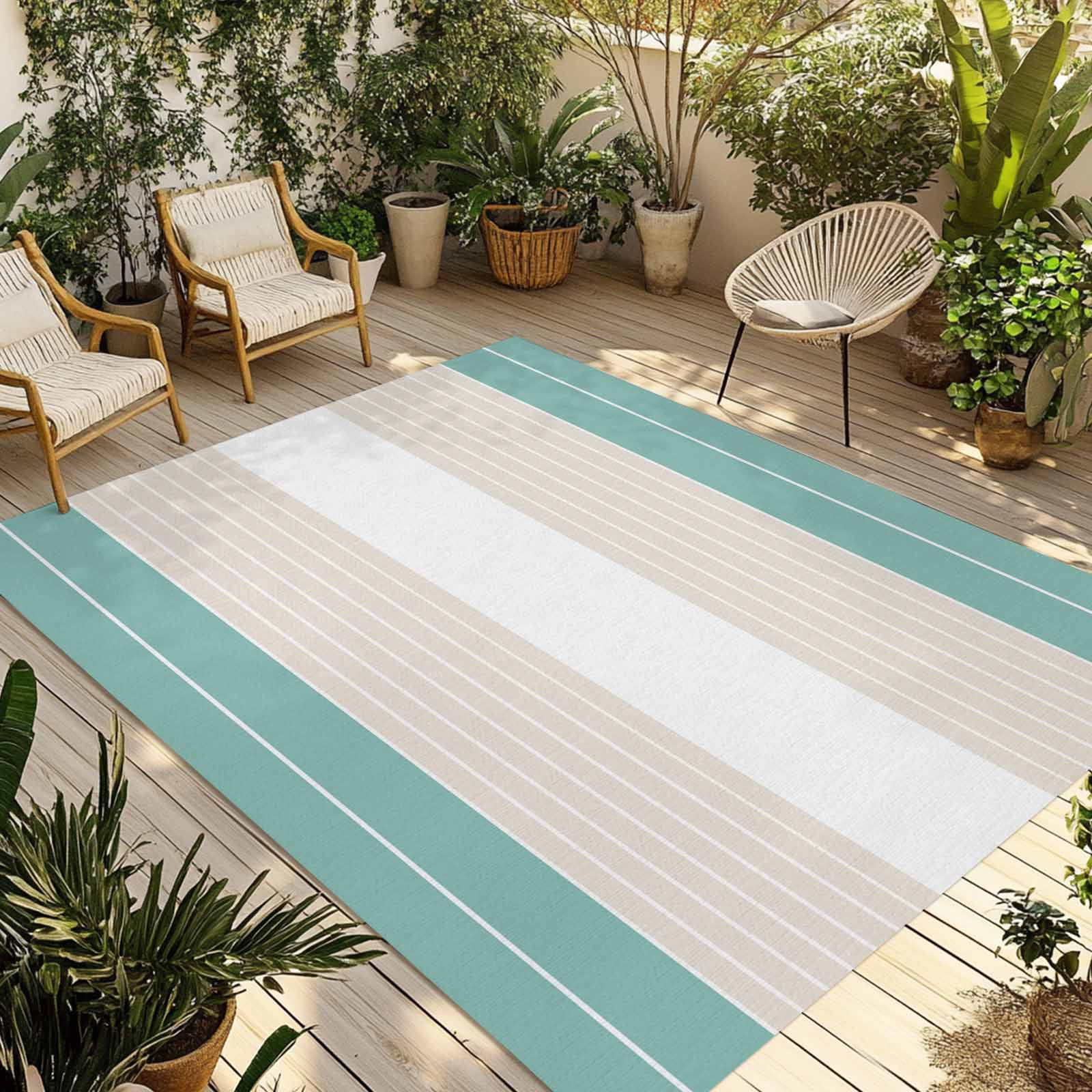 Turquoise Beige Stripe Outdoor Rug 3x5 Ft - Reversible Patio Rug Outdoor Camping Rugs, Modern Art Horizontal Striped Washable Indoor Outdoor Area Rugs, Non-Slip Outdoor Carpet Runner for Deck/Porch