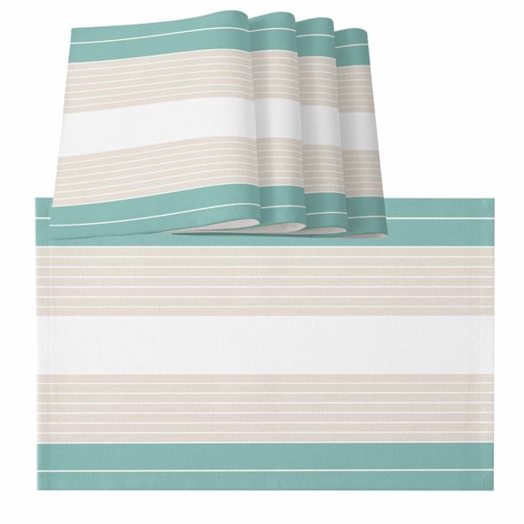 Turquoise Beige Stripe Placemats for Dinning Table Set of 4, Modern Art Horizontal Striped Burlap Kitchen Place Mats Waterproof Cloth Table Mats, Indoor Outdoor Placemats Easy Clean Dinner Decor