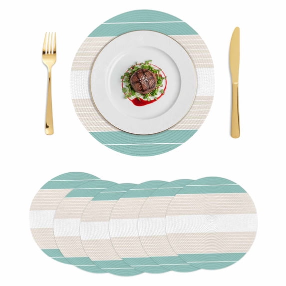 Turquoise Beige Stripe Round 13 Inch Placemats Set of 6, Modern Art Horizontal Striped HeatResistant Non Slip Place Mats for Dining Table, Wipeable Braided Kitchen Table Mats for Housewarming