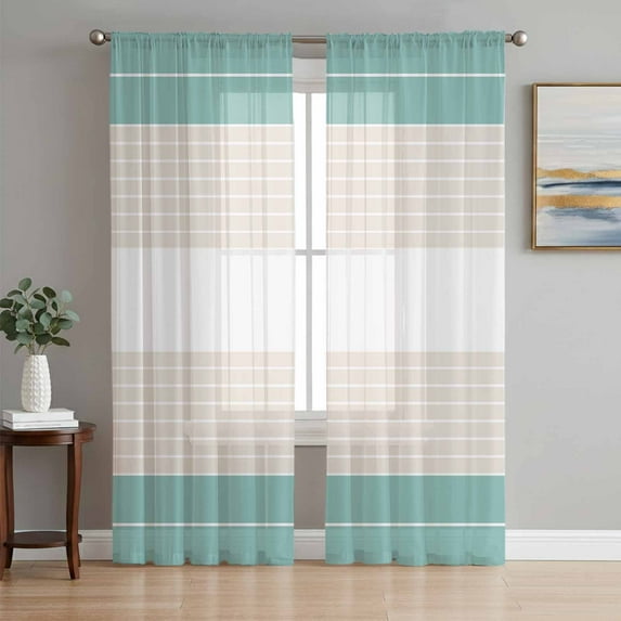 Turquoise Beige Stripe Semi Sheer Curtains 63 Inch Length 2 Panels Set, Modern Art Horizontal Striped Sheer Kitchen Curtain Privacy Voile Window Curtain for Living Room Bedroom Rod Pocket Drapes