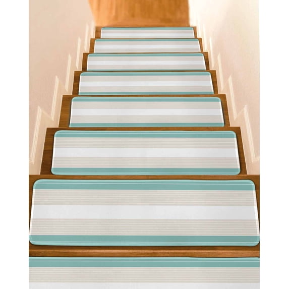 Turquoise Beige Stripe Stair Treads for Wooden Steps Indoor Runner Rug Carpet, Modern Art Horizontal Striped 10 Pieces Peel and Stick Staircase Step Treads Covers Washable Throw Door Mats, 30"x8"