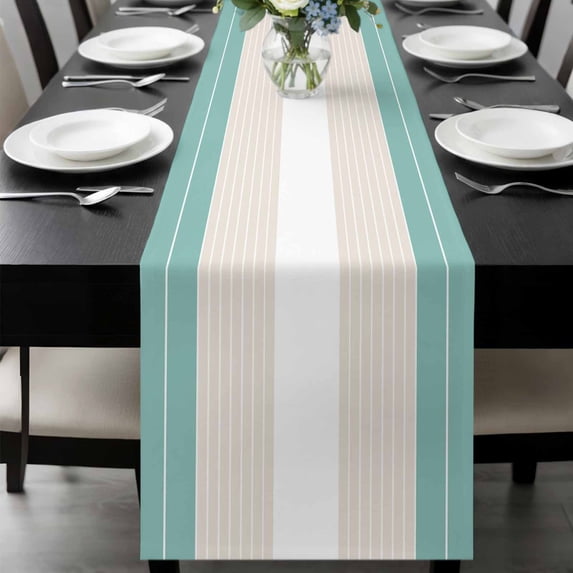 Turquoise Beige Stripe Table Runner 48 Inches Long, Modern Art Horizontal Striped Kitchen Coffee Dining Table Decoration for Home Party Birthday Wedding Home Decor 13x48 Inches