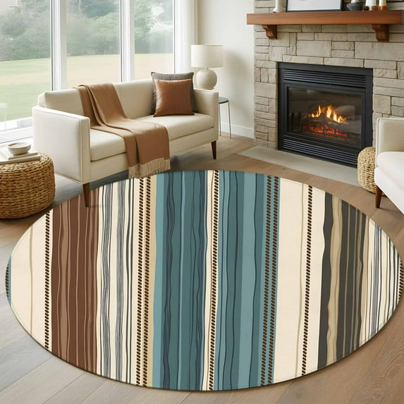 Turquoise Beige Striped 5ft Round Rug, Modern Farmhouse Vertical Stripes Non-Skid Rubber Backing Large Area Rugs - Living Room Bedroom Home Office, Indoor Floor Mat Carpets Washable Rug