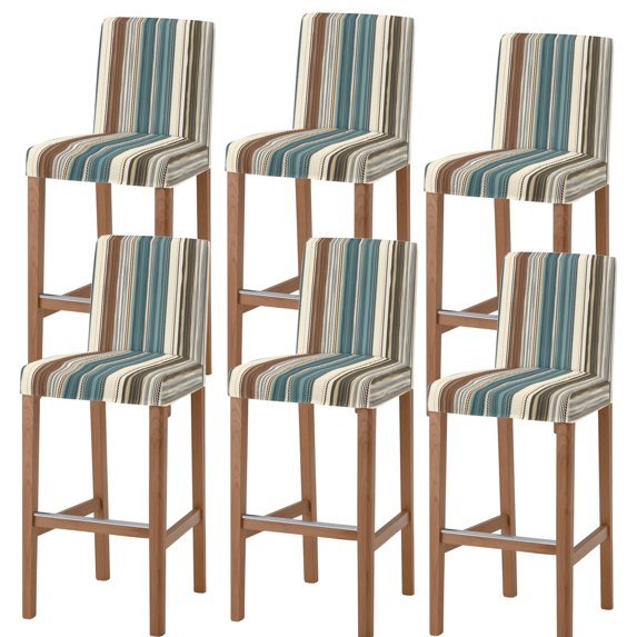 Turquoise Beige Striped Bar Stool Cover Set of 6, Modern Farmhouse Vertical Stripes Stretch Bar Chair Cover, Removable Washable Pub Counter Stool Chair Slipcover for Kitchen Dining Room Pub Cafe