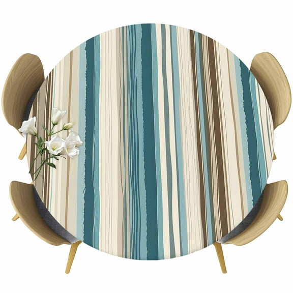 Turquoise Beige Table Cloth, Round Fitted Tablecloths with Elastic Edge, Boho Vertical Stripes Bohemian Retro Wipeable Waterproof Table Cover for Kitchen Wedding 45-54 Inches