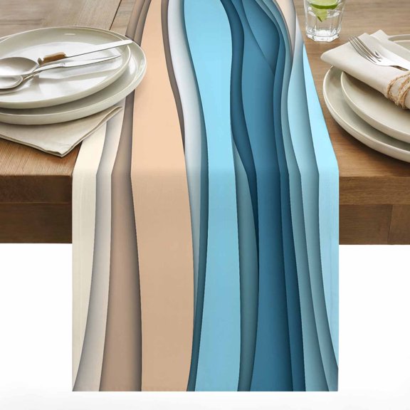 Turquoise Beige Table Runner 13x36 inch Gradient Water Ripple Abstract Wave Modern Cotton Linen Dining Table Runner Ideal for Dresser Kitchen Coffee Tables - Machine Washable