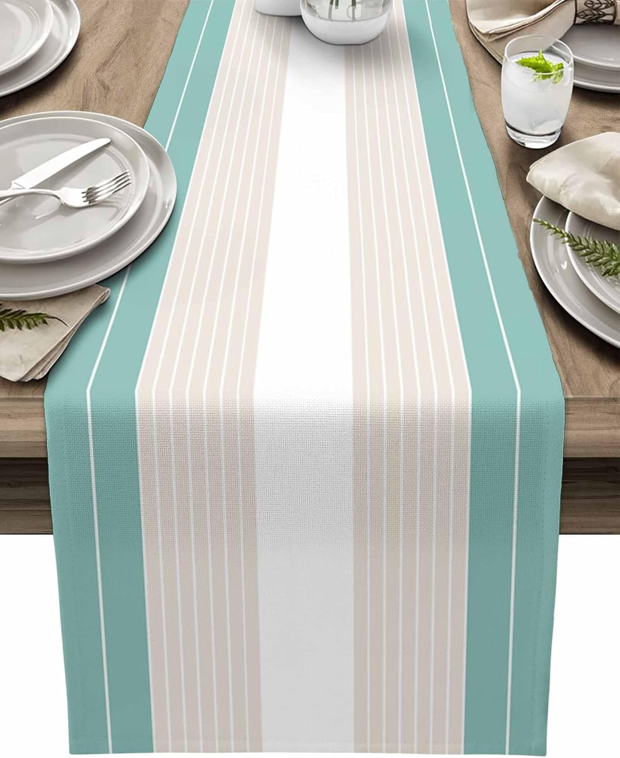 Turquoise Beige Table Runner 90 inches Long Simple Stripes Theme ...