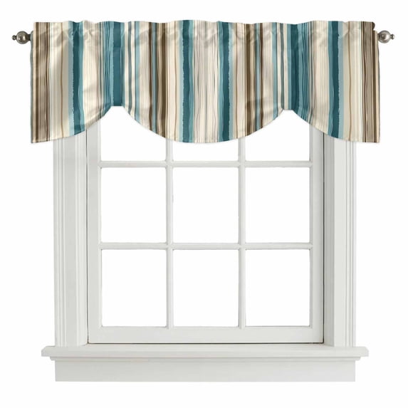 Turquoise Beige Tie Up Valance Curtains for Windows, Kitchen Curtains Window Shades, Boho Vertical Stripes Bohemian Retro Light Filtering Roman Curtain Valances for Bedroom/Bathroom/Cafe 60"x18"
