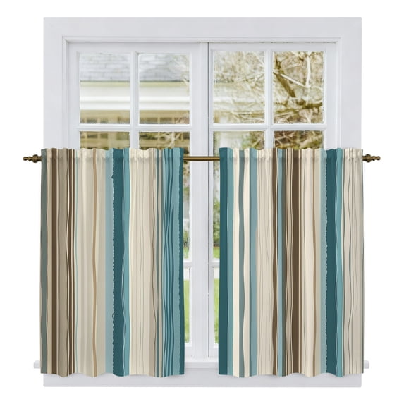 Turquoise Beige Tier Curtains, Boho Vertical Stripes Bohemian Retro Light Filtering Kitchen Curtains, 2Pcs Rod Pocket Half Window Treatments Panels for Sink Cafe Cabinet Basement 27.5x45 Inches
