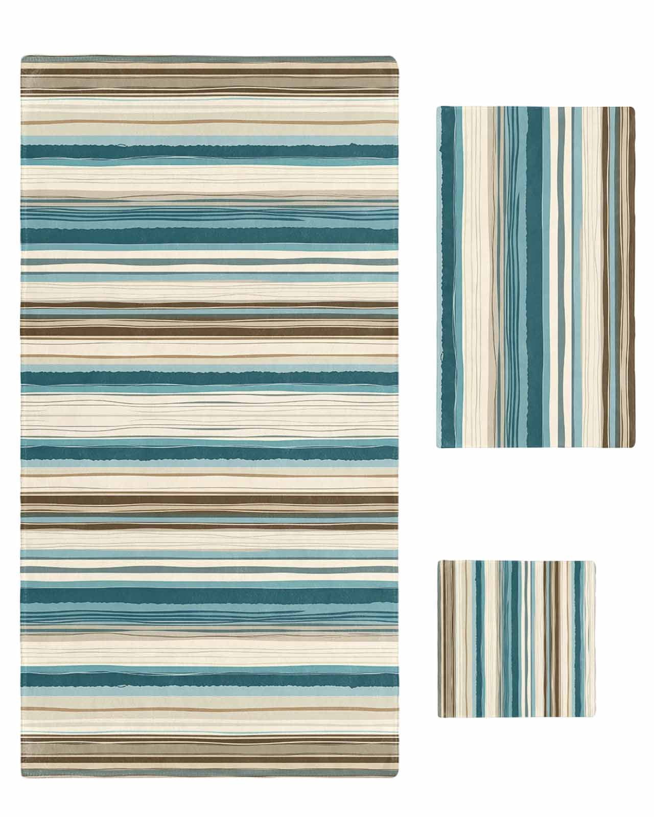 Turquoise Beige Towel Set of 3, Soft Microfiber Bath Towels, Hand Towel, Washcloths, Boho Vertical Stripes Bohemian Retro Quick-Dry Absorbent Towels for Bathroom Kitchen Hotel Beach Gym Spa