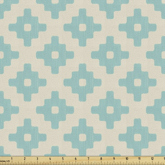 Ambesonne Turquoise Fabric by the Yard Upholstery, Geometric and Retro, 3 Yards, Turquoise and Beige