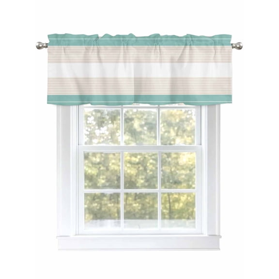 Turquoise Beige Valances for Windows, Rod Pocket Kitchen Valance Curtains - Soft & Washable Small Window Treatment for Living Room,&nbsp;Bathroom, Simple Stripes Theme , 42x12 Inch, 1 Panel