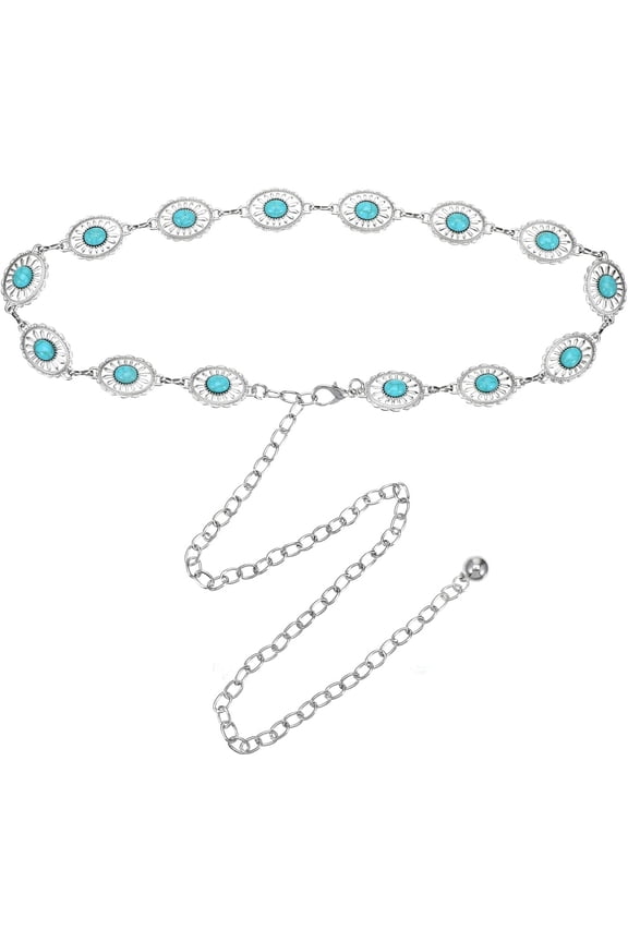 Turquoise Belts, Women Metal Waist Chains Belt Silver Western Chain Belt, Oval Round Flower Adjustable Chain for Women Dresses Jeans