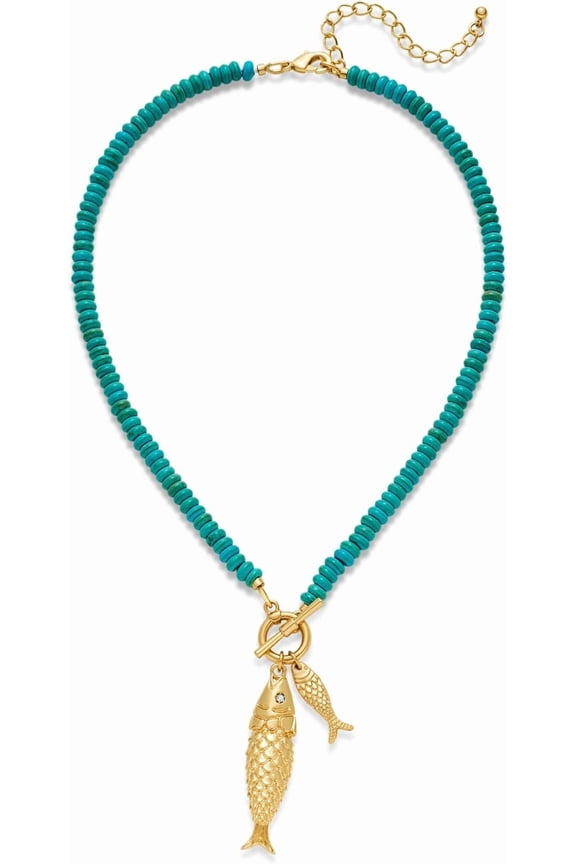 Turquoise Best Fish Necklace For Women Vintage-inspired Turquoise Strand Toggle Necklace With 2 Chunky Gold Fish Pendants Dainty Summer Beach Jewelry[d826]