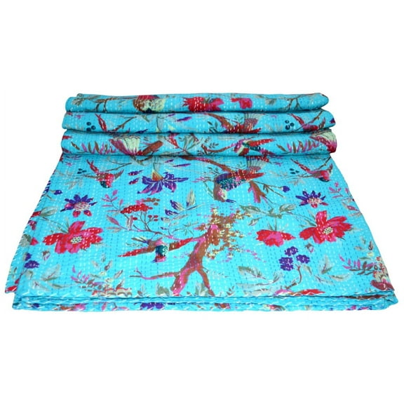 Turquoise Bird Hand Stitched Bedding Bedspread Cotton Kantha Quilt Hippie Indian Cotton Handmade Queen Bohemian Blanket Ethnic Cotton Coverlet