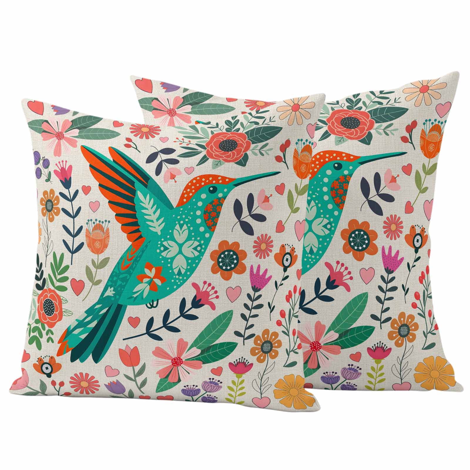 Turquoise Birds Outdoor Waterproof Pillow Covers, Country Cartoon Colorful Flowers Herbs Decorative Square Throw Pillowcase Sofa Cushion Sham for Patio/Couch/Chair, 24"x24" 2 Pack