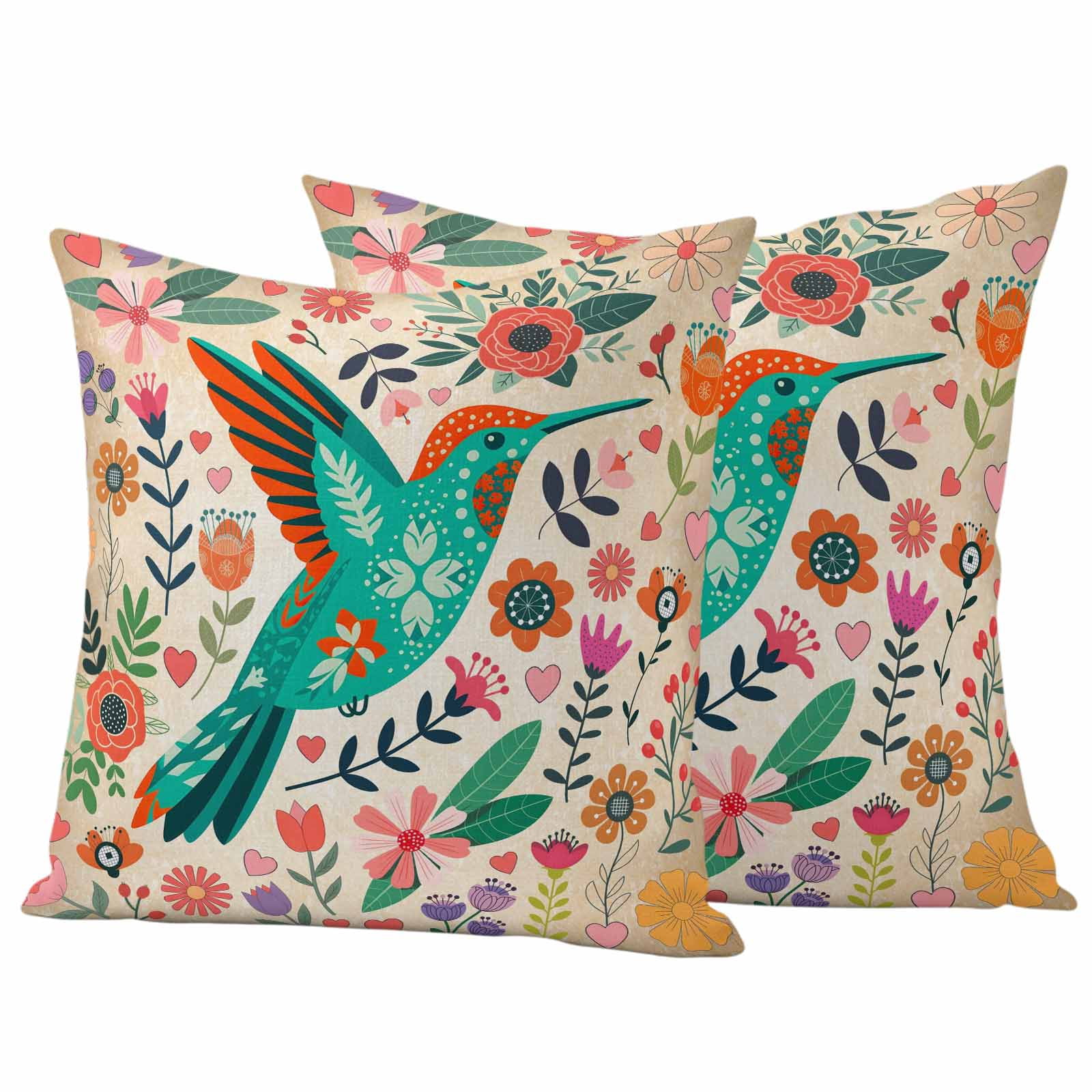 Turquoise Birds Outdoor Waterproof Pillow Covers, Retro Farmhouse Colorful Flowers Herbs Decorative Square Throw Pillowcase Sofa Cushion Sham for Patio/Couch/Chair, 16"x16" 2 Pack