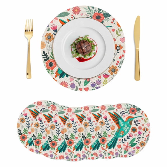 Turquoise Birds Round 13 Inch Placemats Set of 6, Country Cartoon Colorful Flowers Herbs HeatResistant Non Slip Place Mats for Dining Table, Wipeable Braided Kitchen Table Mats for Housewarming