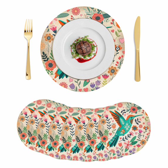 Turquoise Birds Round 13 Inch Placemats Set of 8, Retro Farmhouse Colorful Flowers Herbs HeatResistant Non Slip Place Mats for Dining Table, Wipeable Braided Kitchen Table Mats for Housewarming