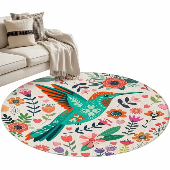 Turquoise Birds Round Rug 3ft Washable Circle Entryway Rugs Non Slip Country Cartoon Colorful Flowers Herbs Area Rug Indoor Floor Carpet for Bedroom Kitchen Living Room Office Dining Room Nursery