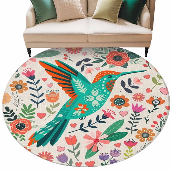 Turquoise Birds Round Rug 5ft Washable Circle Kitchen Rugs Non Slip Country Cartoon Colorful Flowers Herbs Large Area Rug Indoor Floor Carpet for Bedroom Living Room Home Office Dining Room Nursery