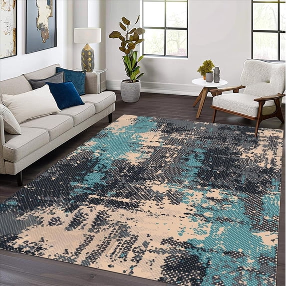 Turquoise Black Brown Area Rugs, Mottled Texture Abstract Design Carpet, Washable Non Slip Low Pile Rug for Living Room Bedroom Dining Room Farmhouse Decor Mat 5x8ft