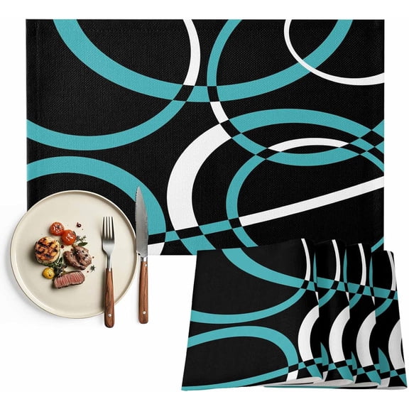 Turquoise Black Geometric Circle Placemats Set of 6, Modern Abstract Lines Non-Skid Place Mats, Holiday Table Mats, Washable Stain-Resistance Tablemats for Party/Dining Room/Kitchen Decorations