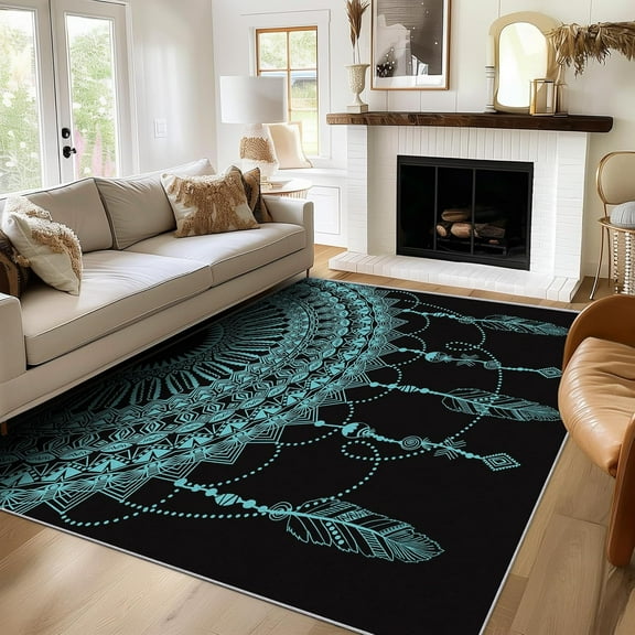 Turquoise And Black Mandala Rug Washable Indian Bohemian Rugs For Living Room Bedroom, Ethnic Boho Area Rug For Home Decor, Non Slip Backing Floor Carpet 3x5ft