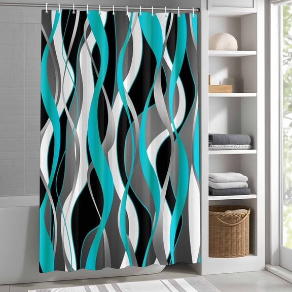 Turquoise Black Shower Curtain for Bathroom, Modern Abstract Stripes Fabric Shower Curtain Set with Hooks, Waterproof Washable Bath Curtain for Bathroom Decor, 36"x72"