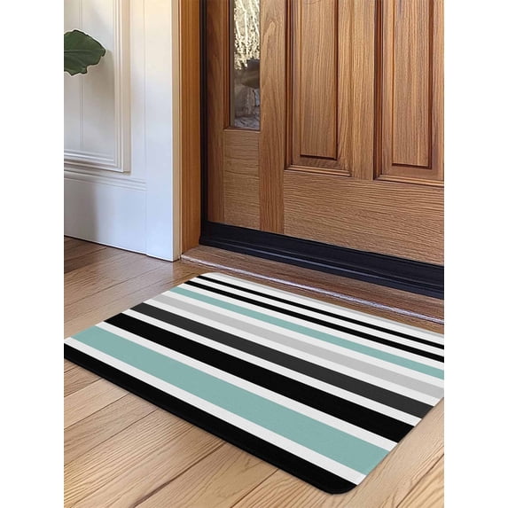 Turquoise Black Stripe Door Mat Indoor Outdoor Entrance, Non Slip Rug for Kitchen Bathroom Entryway Rug, Modern Abstract Coarse Striped Washable Doormat Floor Mat for Office 20x31.5 Inch