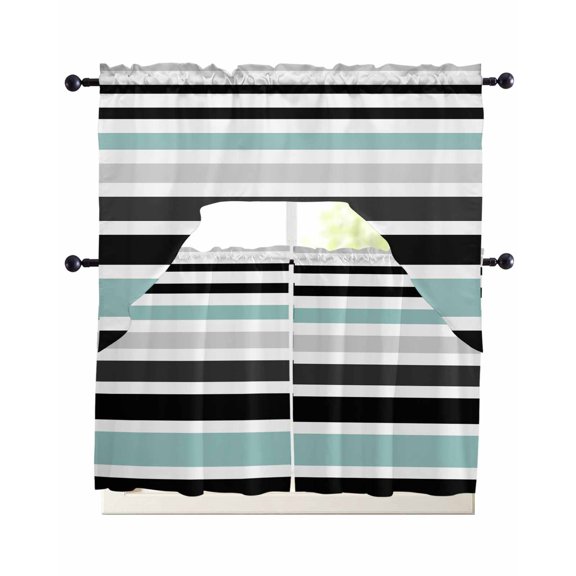 Turquoise Black Stripe Kitchen Curtains Sets 24 Inch Length with Valance, Modern Abstract Coarse Striped Swag Valances and Tiers Curtain Set Drapes Swag Curtains for Living Room, Bathroom, Bedroom