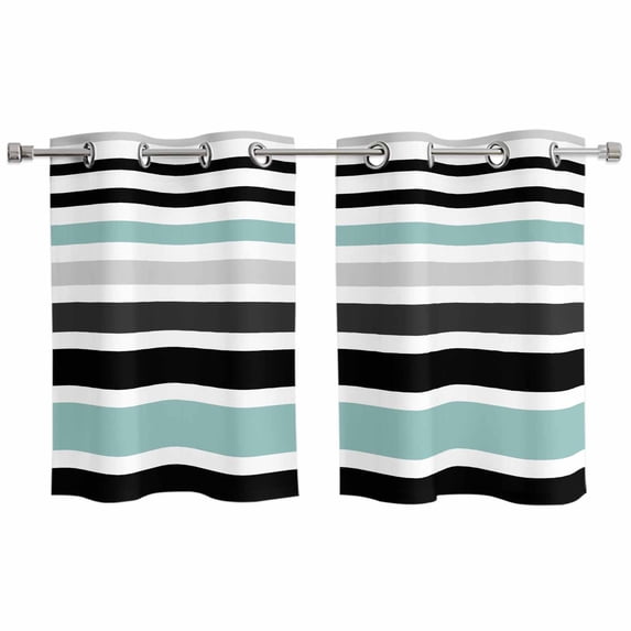 Turquoise Black Stripe Kitchen Curtains Small Short 39 Inch Length, Modern Abstract Coarse Striped Grommet Top Bedroom Living Room Curtains, Light Filtering Cafe Curtain Drapes 2 Panels Set 55''x39''