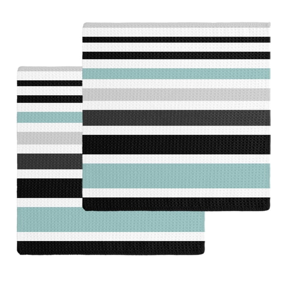 Turquoise Black Stripe Kitchen Dish Towels for Drying Dishes Set of 2, Modern Abstract Coarse Striped Waffle Weave Microfiber Hand Tea Bathroom Towels Quick Dry & Absorbent Towel 12x12