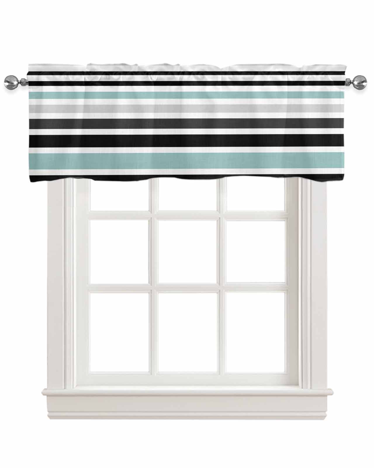 Turquoise Black Stripe Kitchen Valances for Windows Farmhouse Linen Window Valance Curtain for Living Room Window Treatment Modern Abstract Coarse Striped Valance Rod Pocket Topper, 54 x 18 Inch