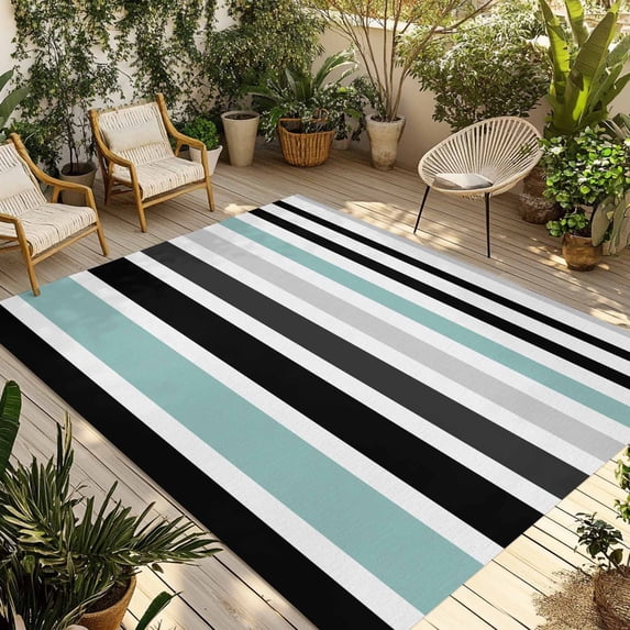 Turquoise Black Stripe Outdoor Rug 5x8 Ft - Reversible Patio Rug Outdoor Camping Rugs, Modern Abstract Coarse Striped Washable Indoor Outdoor Area Rugs, Non-Slip Outdoor Carpet Runner for Deck/Porch
