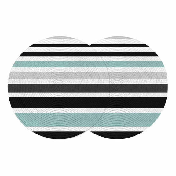 Turquoise Black Stripe Round 13 Inch Placemats Set of 2, Modern Abstract Coarse Striped HeatResistant Non Slip Place Mats for Dining Table, Wipeable Braided Kitchen Table Mats for Housewarming