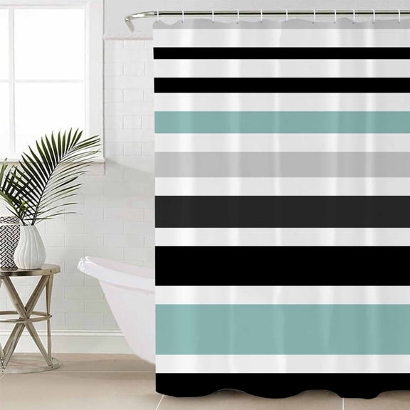 Turquoise Black Stripe Shower Curtain Set, Waterproof Shower Curtains for Bathroom, Modern Abstract Coarse Striped Washable Fabric Cloth Bath Curtain for Bathtub Decoration with Hooks 54x78 Inches