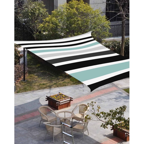 Turquoise Black Stripe Sun Shade Sail 12'x16' Rectangle Outdoor Shade Canopy, Modern Abstract Coarse Striped Porch Shades Outdoor Sun Blocking Screen, Sunshade Cloth Covers for Patio/Deck/Garden